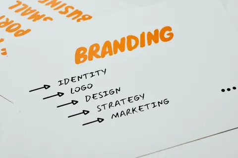 Nahaufnahme eines Blatts Papier mit Begriffen zu Branding, Identit&auml;t, Design, Strategie und Marketing in Orange und Schwarz.