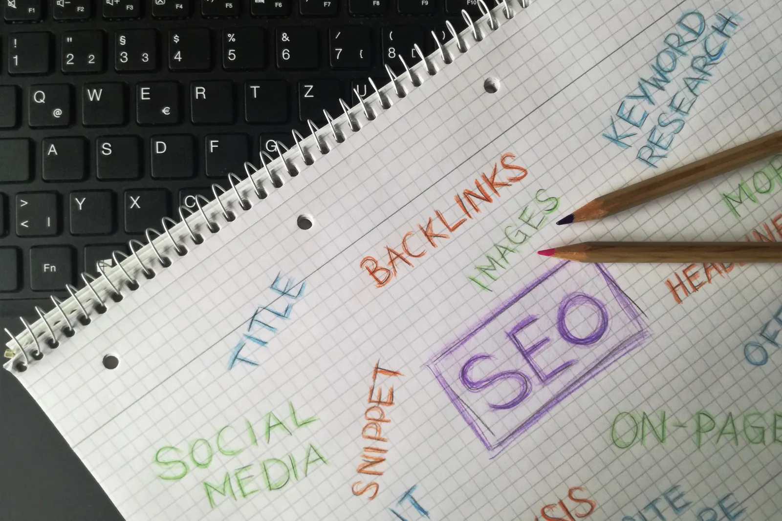 Close-up of notebook with SEO terms and keywords, highlighting digital marketing strategy.