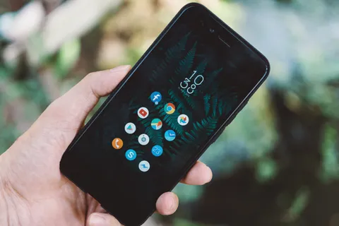 Nahaufnahme einer Hand, die ein Smartphone mit App-Symbolen und einem Naturhintergrund h&auml;lt.